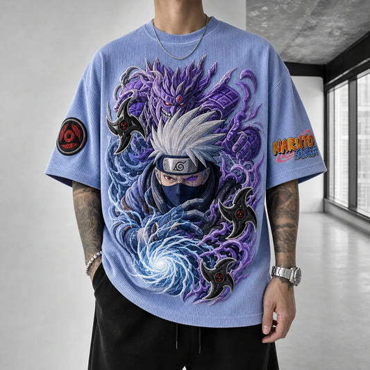 Unisex Oversized Anime-Print Vertical-Stripe Short-Sleeve T-Shirt