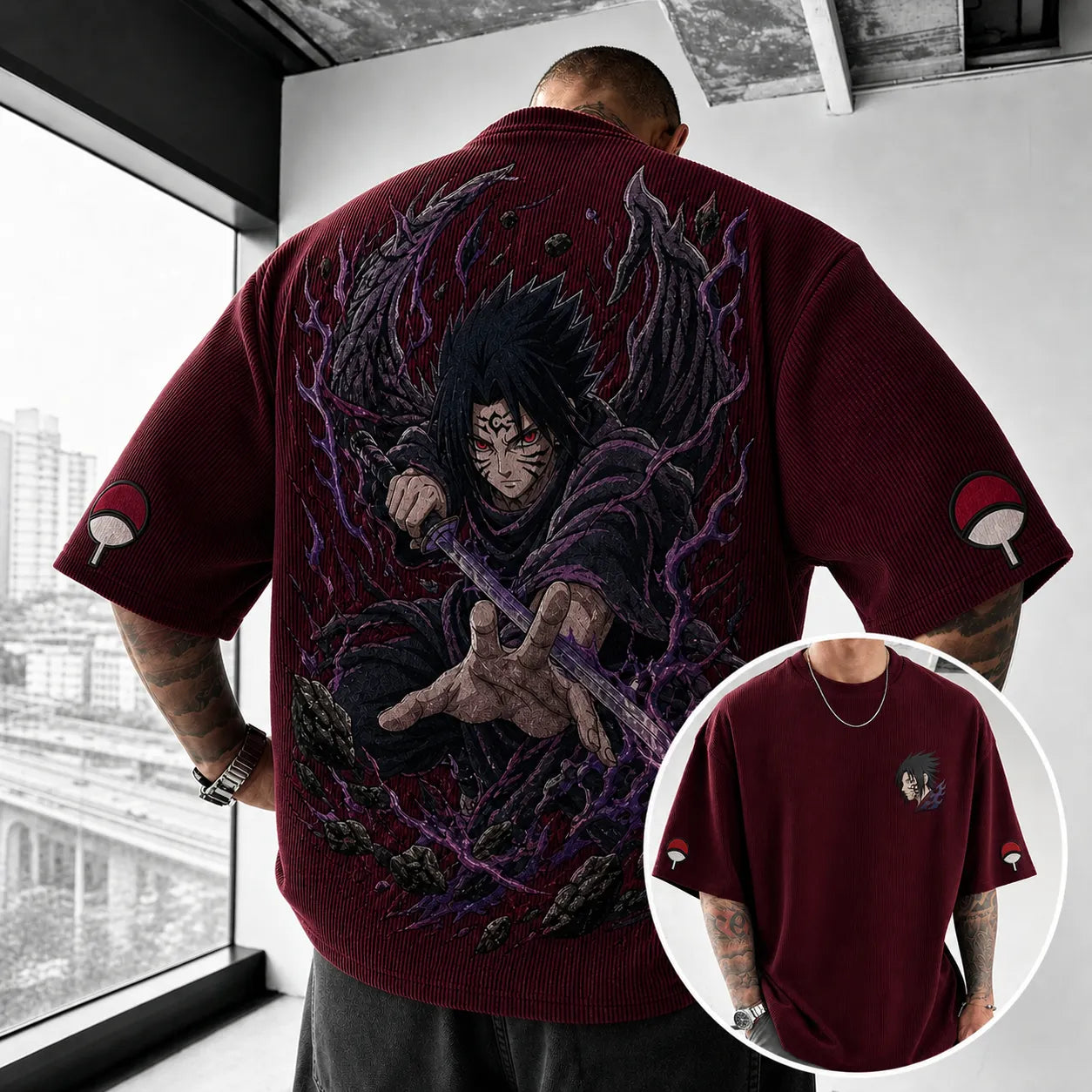 Unisex Oversized Anime-Print Vertical-Stripe Short-Sleeve T-Shirt