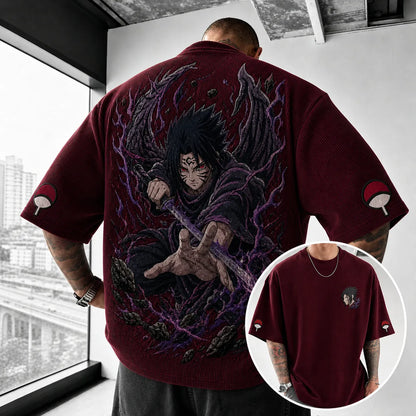 Unisex Oversized Anime-Print Vertical-Stripe Short-Sleeve T-Shirt