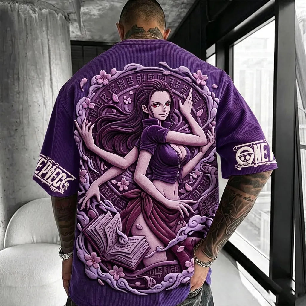 Unisex Anime-Style Retro Corduroy Oversized T-Shirt