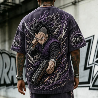 Unisex Oversized Anime-Print Vertical-Stripe Short-Sleeve T-Shirt