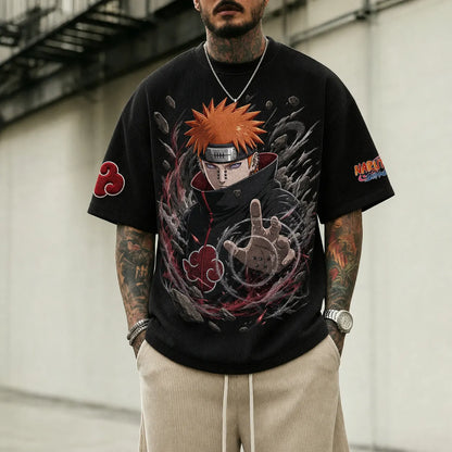 Unisex Oversized Anime-Print Vertical-Stripe Short-Sleeve T-Shirt