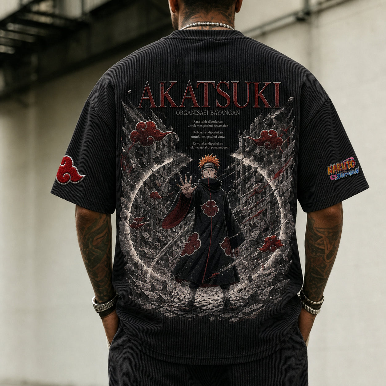 Unisex Oversized Anime-Print Vertical-Stripe Short-Sleeve T-Shirt