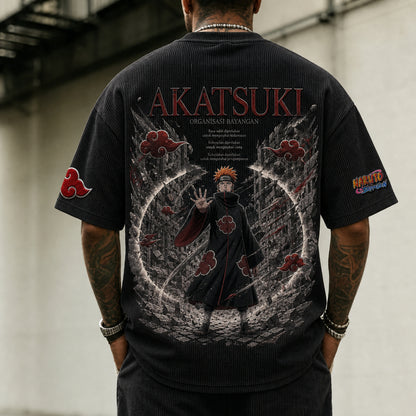Unisex Oversized Anime-Print Vertical-Stripe Short-Sleeve T-Shirt