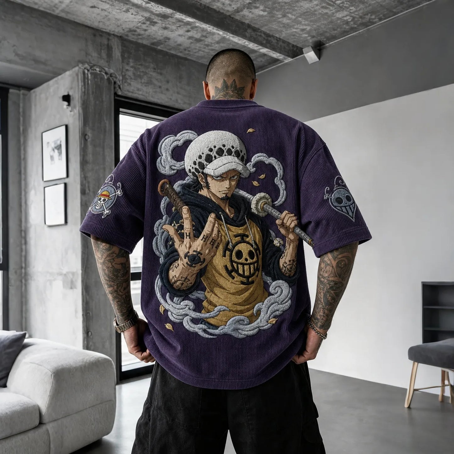 Unisex Anime-Style Retro Corduroy Oversized T-Shirt