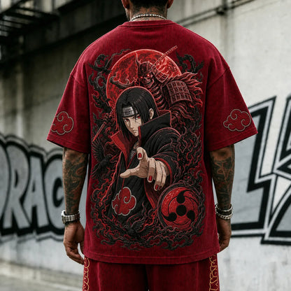 Unisex Oversized Anime-Print Vertical-Stripe Short-Sleeve T-Shirt