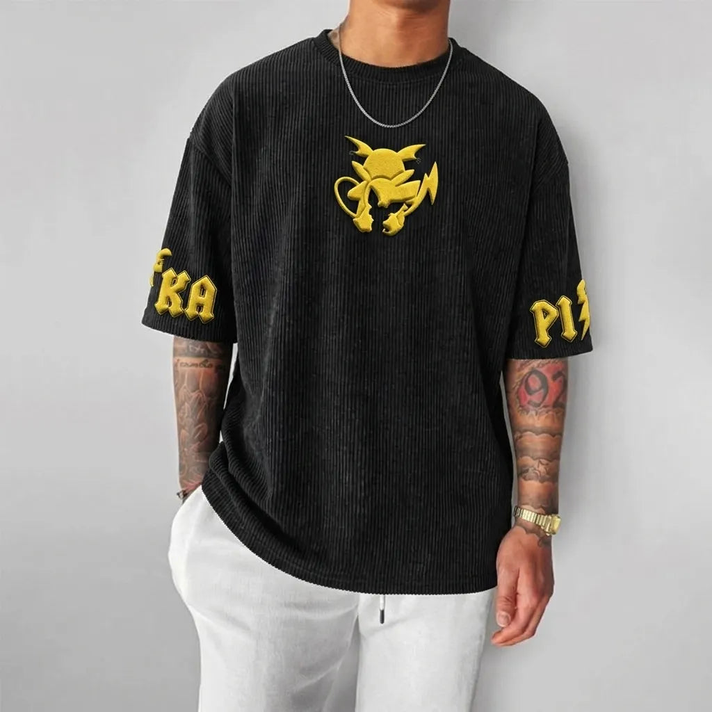 Unisex Anime-Style Retro Corduroy Oversized T-Shirt