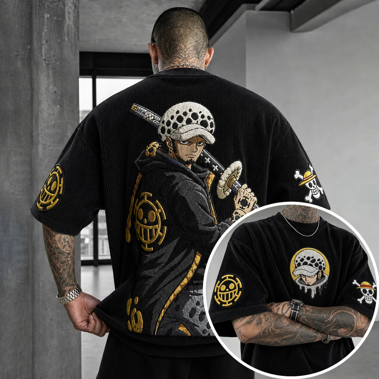 Premium Cotton-Blend Oversized T-Shirt with Embroidered Anime Patches – Streetwear Graphic Tee