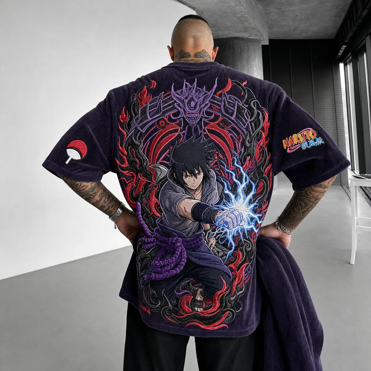 Unisex Oversized Anime-Print Vertical-Stripe Short-Sleeve T-Shirt