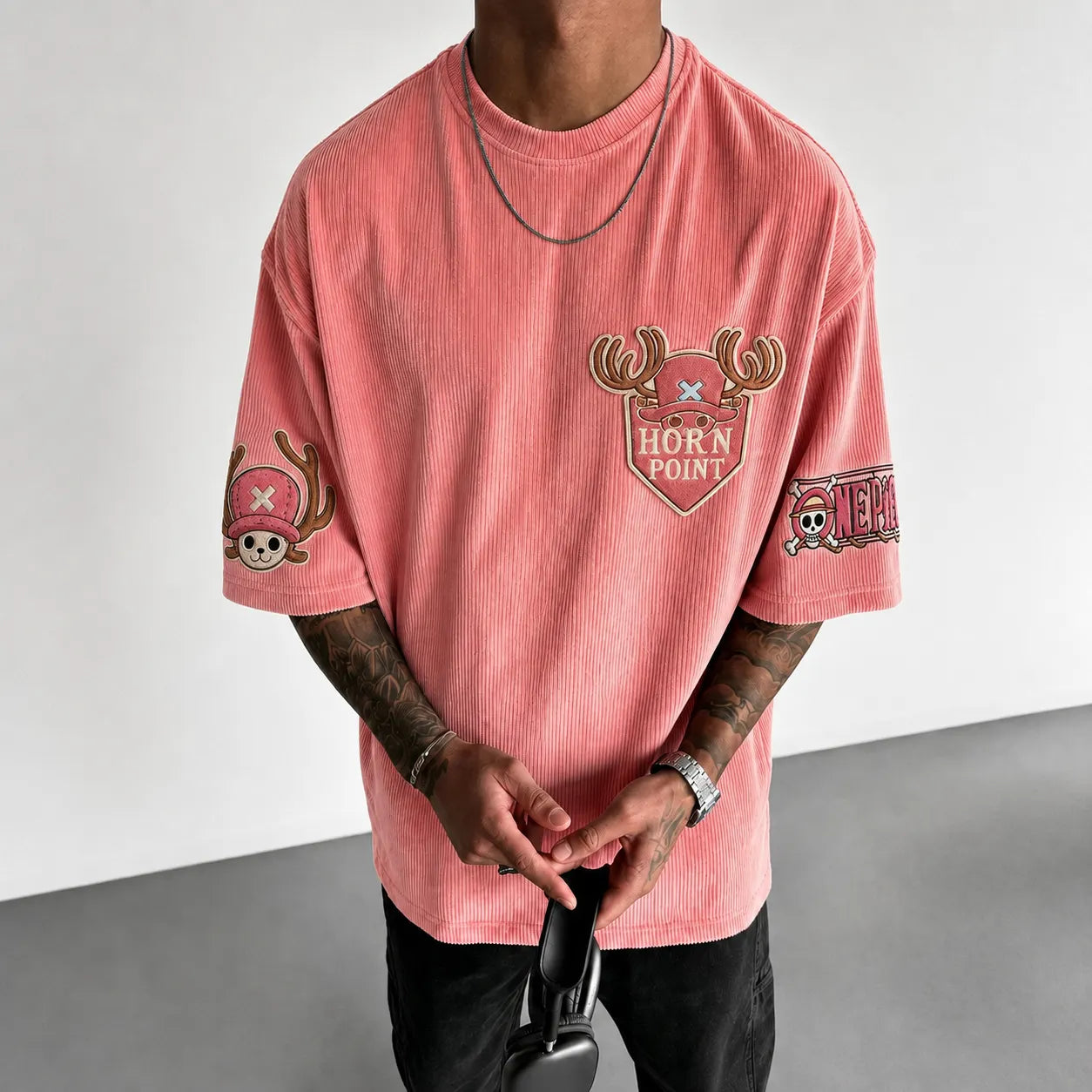 Unisex Short-Sleeve Corduroy T-Shirt With Anime Print