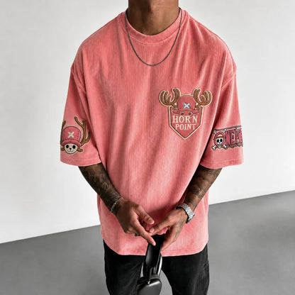 Unisex Short-Sleeve Corduroy T-Shirt With Anime Print