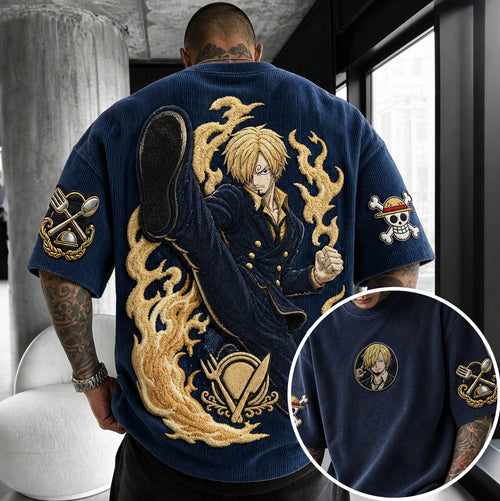 Premium Cotton-Blend Corduroy T-Shirt with Anime Character Embroidery – Oversized Short Sleeve Graphic Tee for Streetwear Style