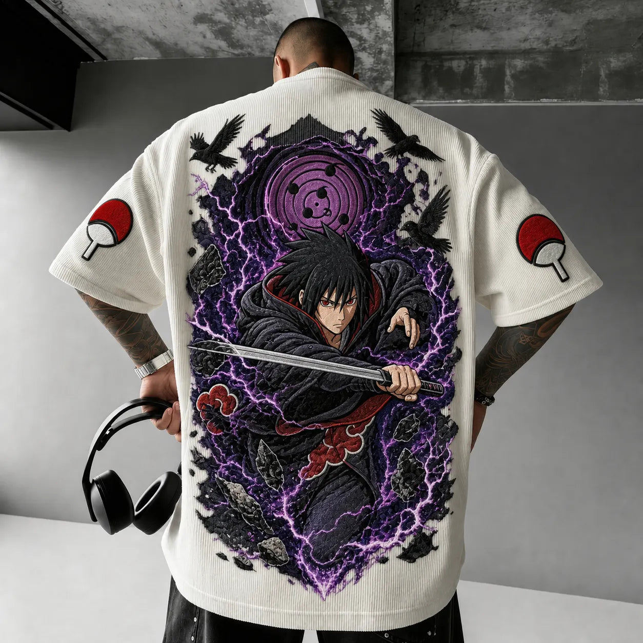 Unisex Oversized Anime-Print Vertical-Stripe Short-Sleeve T-Shirt