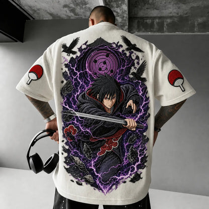 Unisex Oversized Anime-Print Vertical-Stripe Short-Sleeve T-Shirt