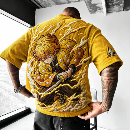 Unisex Anime-Style Retro Corduroy Oversized T-Shirt