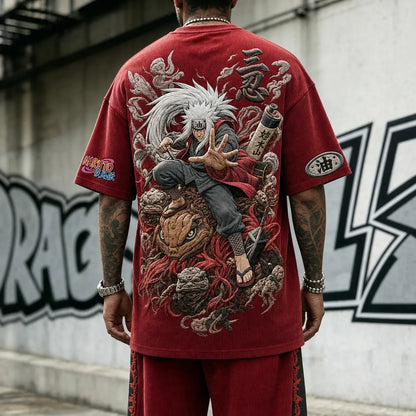 Unisex Oversized Anime-Print Vertical-Stripe Short-Sleeve T-Shirt