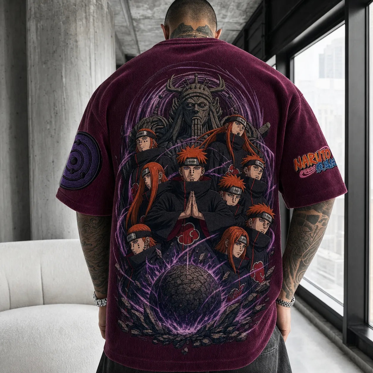 Unisex Oversized Anime-Print Vertical-Stripe Short-Sleeve T-Shirt