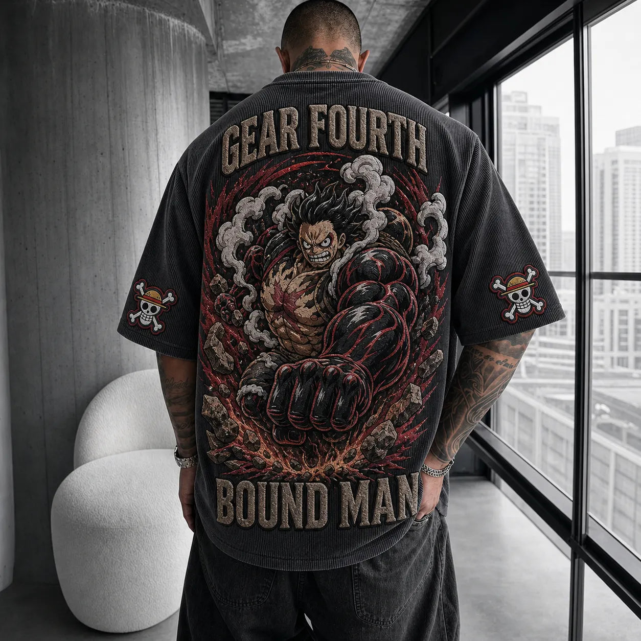 Premium Cotton-Blend Corduroy T-Shirt with Embroidered Patch – Oversized Graphic Tee for Casual Streetwear