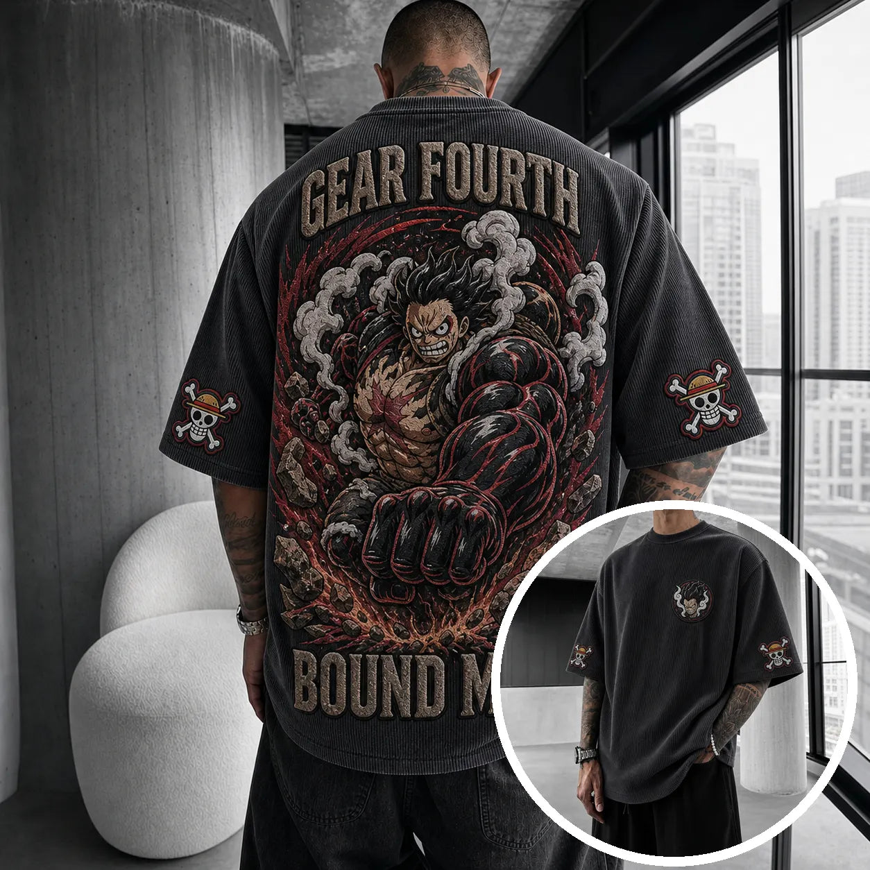Premium Cotton-Blend Corduroy T-Shirt with Embroidered Patch – Oversized Graphic Tee for Casual Streetwear