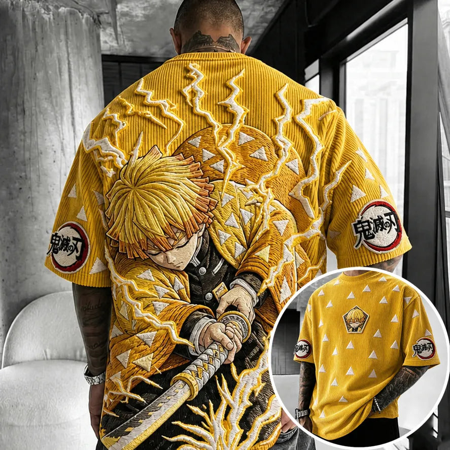 Unisex Oversized Anime-Print Vertical-Stripe Short-Sleeve T-Shirt