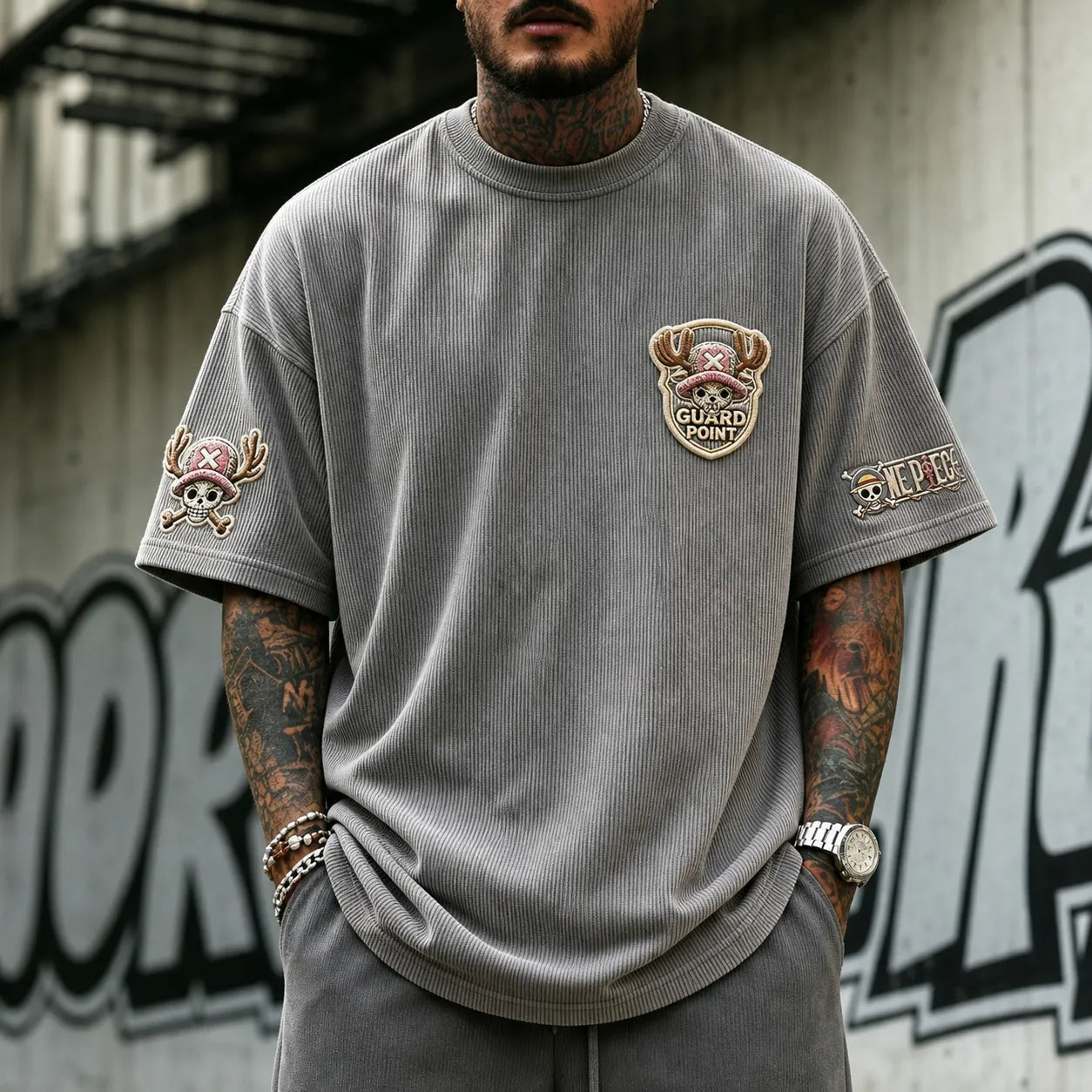 Unisex Short-Sleeve Corduroy T-Shirt With Anime Print