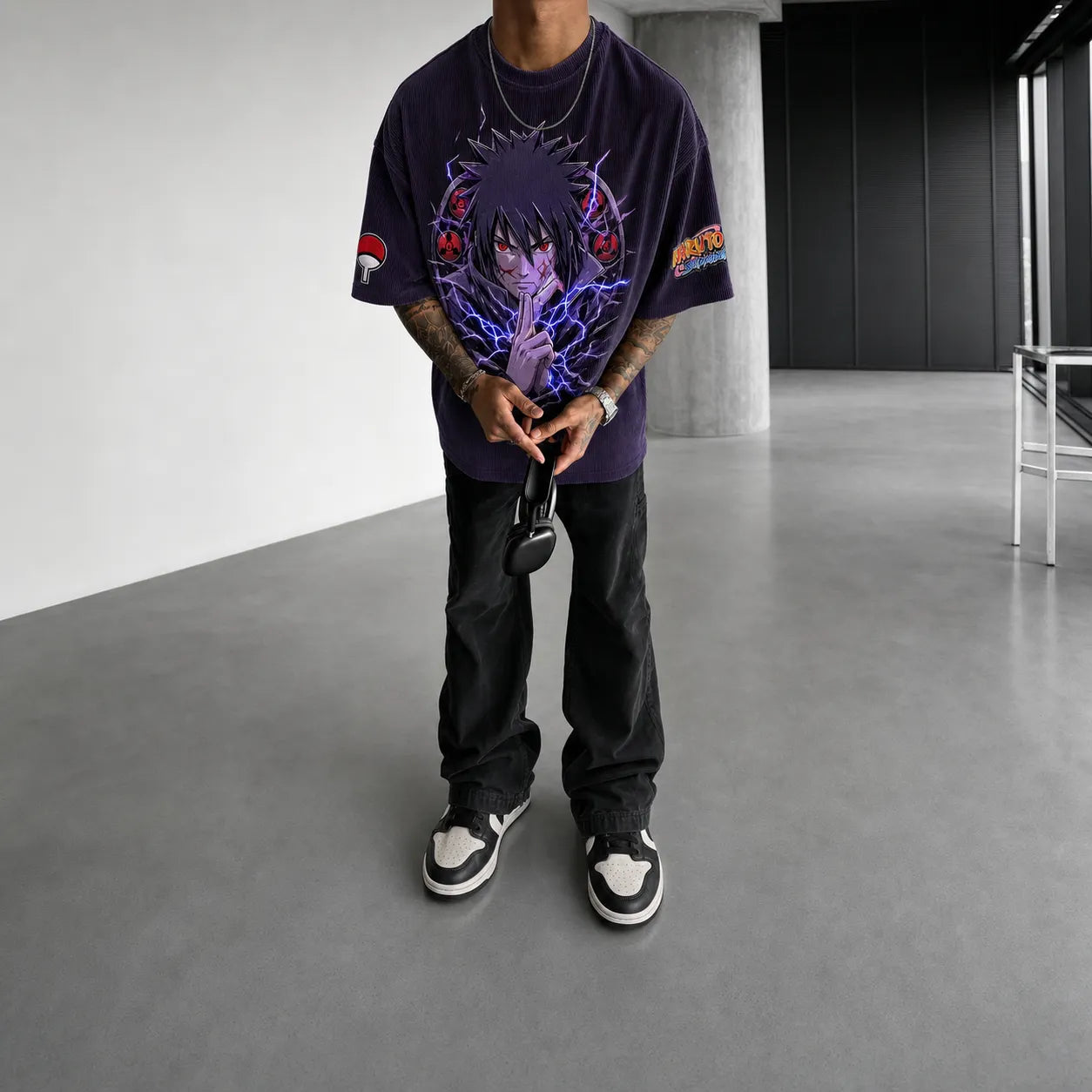 Unisex Oversized Anime-Print Vertical-Stripe Short-Sleeve T-Shirt