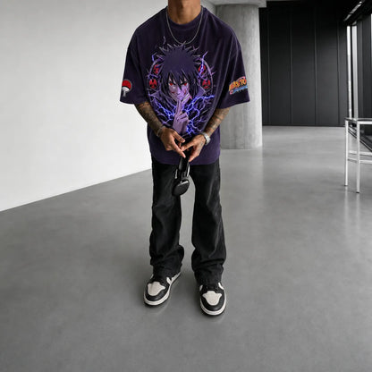 Unisex Oversized Anime-Print Vertical-Stripe Short-Sleeve T-Shirt