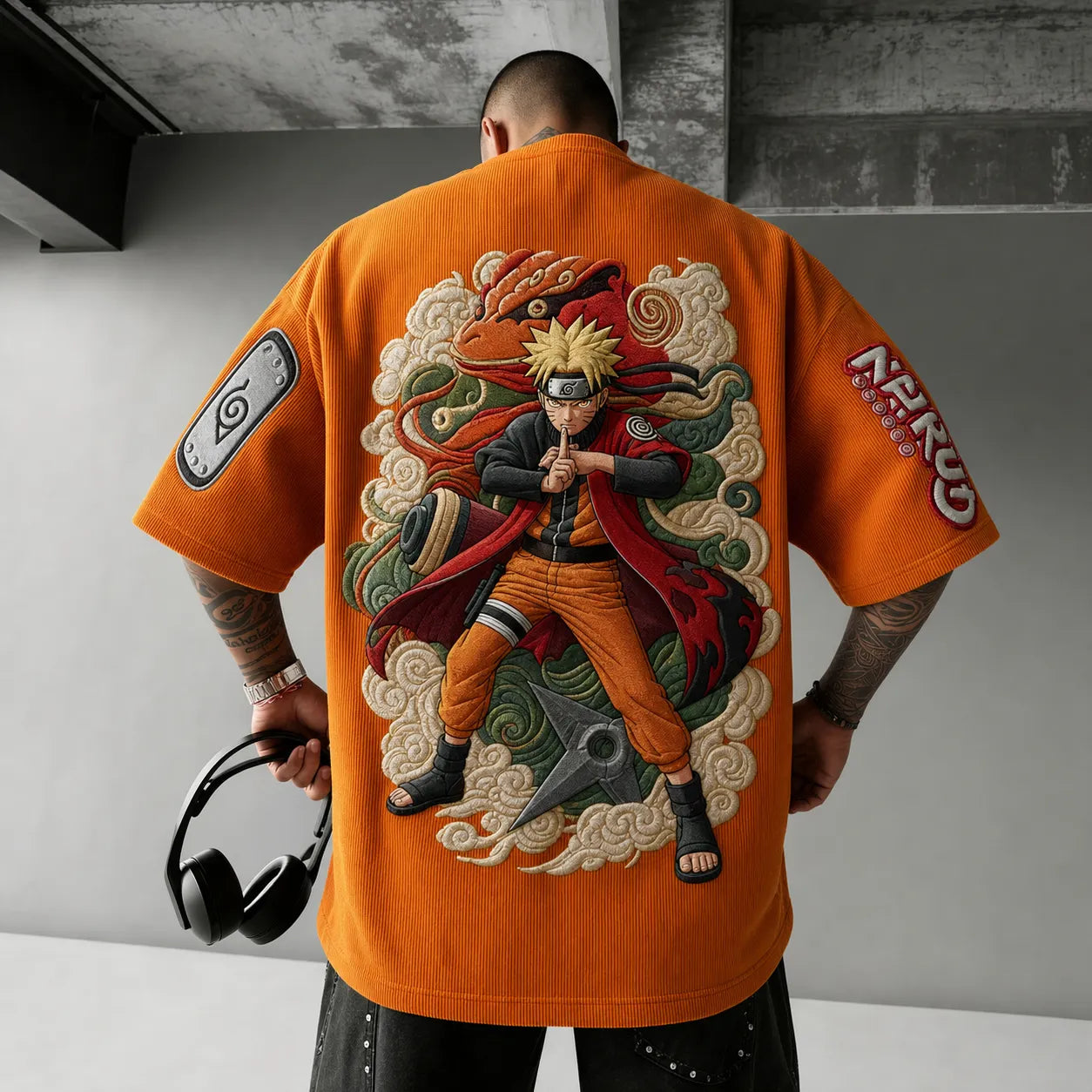 Unisex Oversized Anime-Print Vertical-Stripe Short-Sleeve T-Shirt
