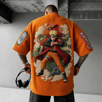 Unisex Oversized Anime-Print Vertical-Stripe Short-Sleeve T-Shirt