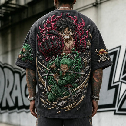Unisex Anime-Style Retro Corduroy Oversized T-Shirt