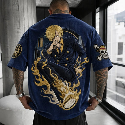 Unisex Anime-Style Retro Corduroy Oversized T-Shirt