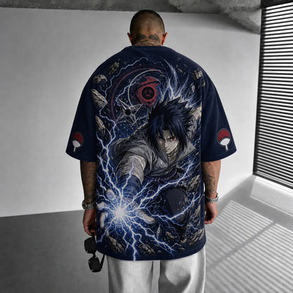 Unisex Oversized Anime-Print Vertical-Stripe Short-Sleeve T-Shirt