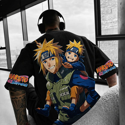 Naruto Shippuden Embroidered Graphic Tee – Premium Cotton Blend Oversized T-Shirt with Iconic Character Art and Sleeve Logo