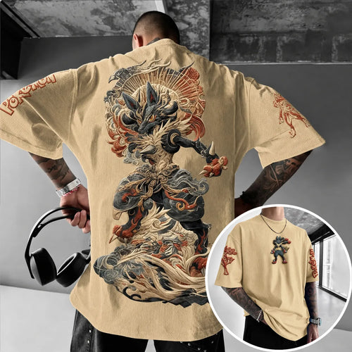 Unisex Anime-Style Retro Corduroy Oversized T-Shirt