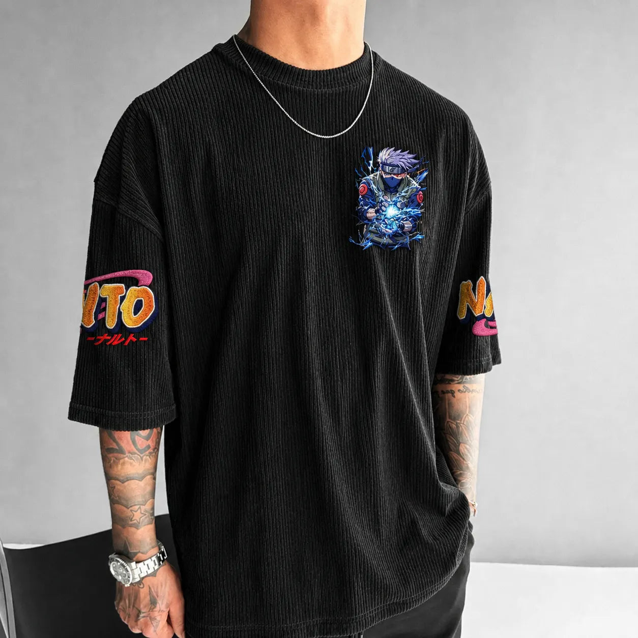 Unisex Anime-Style Retro Corduroy Oversized T-Shirt