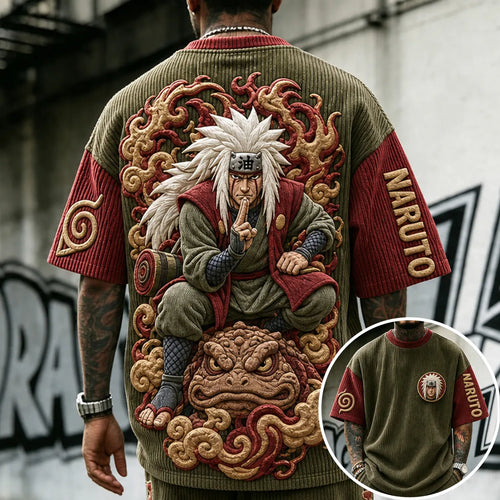 Unisex Anime-Style Retro Corduroy Oversized T-Shirt