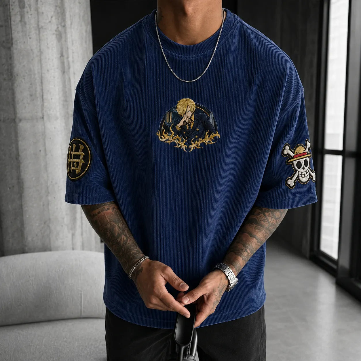 Unisex Anime-Style Retro Corduroy Oversized T-Shirt