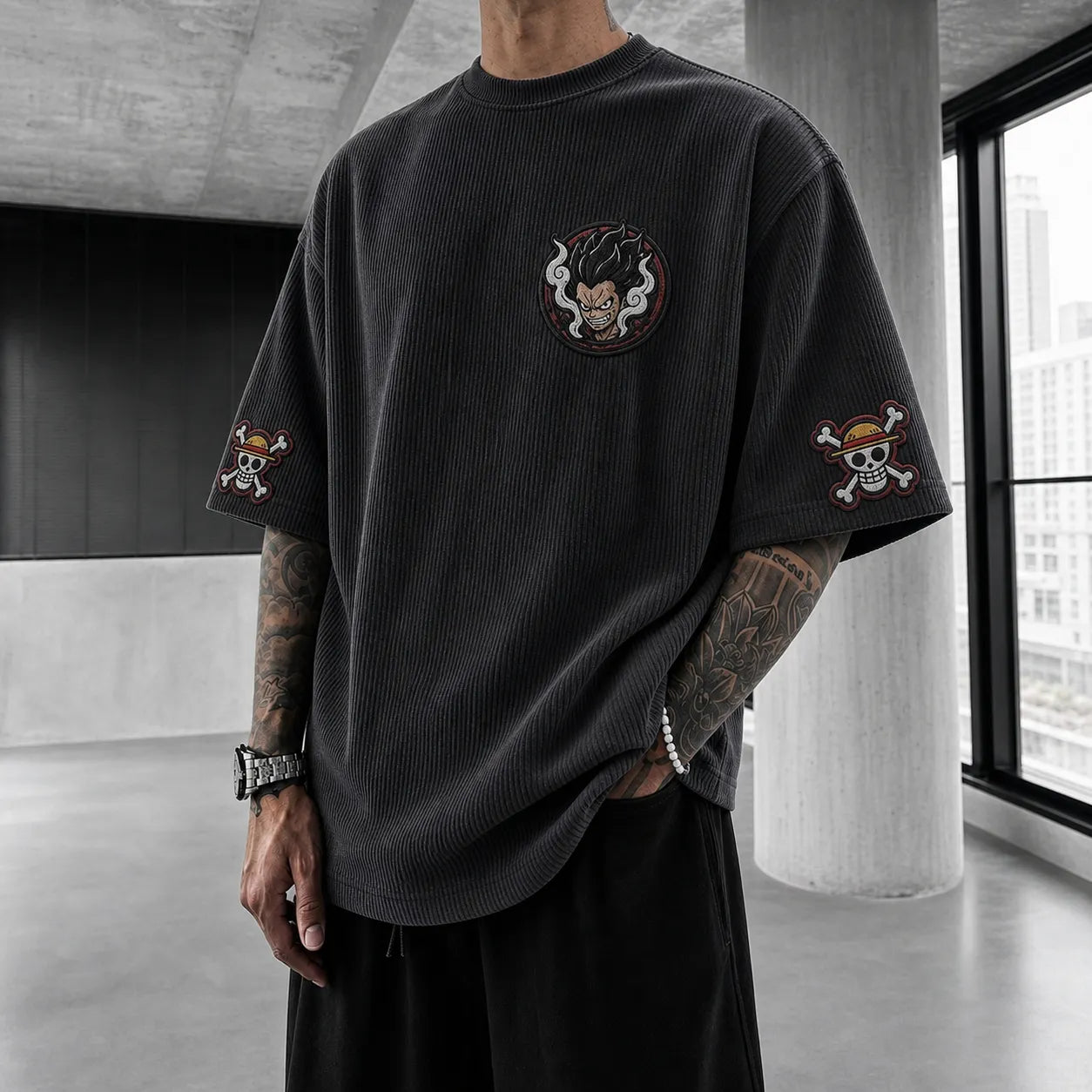 Premium Cotton-Blend Corduroy T-Shirt with Embroidered Patch – Oversized Graphic Tee for Casual Streetwear