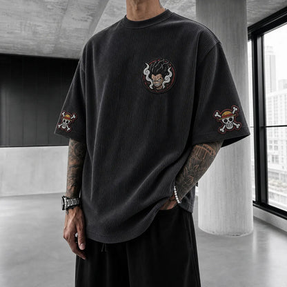 Premium Cotton-Blend Corduroy T-Shirt with Embroidered Patch – Oversized Graphic Tee for Casual Streetwear