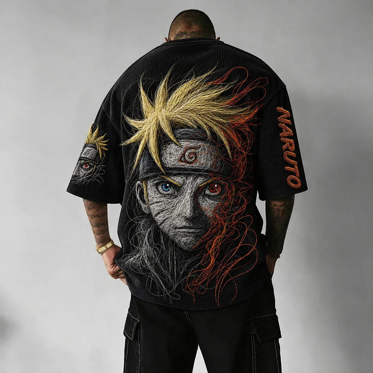 Naruto-Themed Corduroy Tee – Premium Cotton-Blend Oversized T-Shirt with Embroidered Leaf Symbol and Sleeve Art