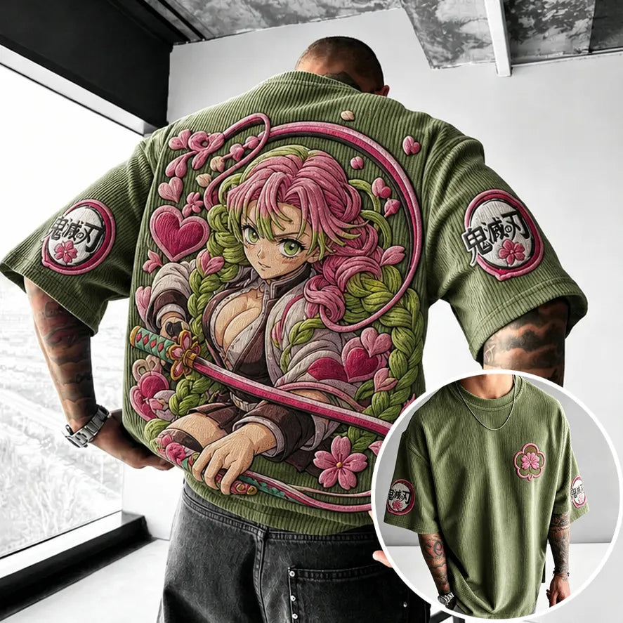 Unisex Oversized Anime-Print Vertical-Stripe Short-Sleeve T-Shirt
