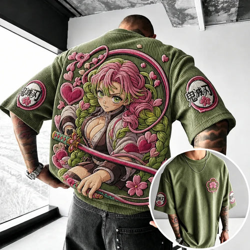 Unisex Oversized Anime-Print Vertical-Stripe Short-Sleeve T-Shirt