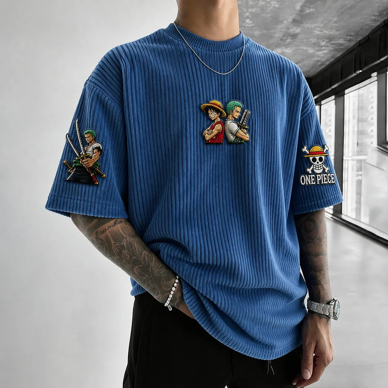 Premium Cotton-Blend Ribbed Knit T-Shirt with Anime Character Embroidery – Oversized Crewneck Streetwear Top