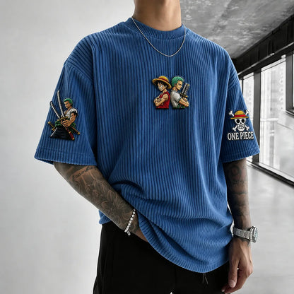 Premium Cotton-Blend Ribbed Knit T-Shirt with Anime Character Embroidery – Oversized Crewneck Streetwear Top