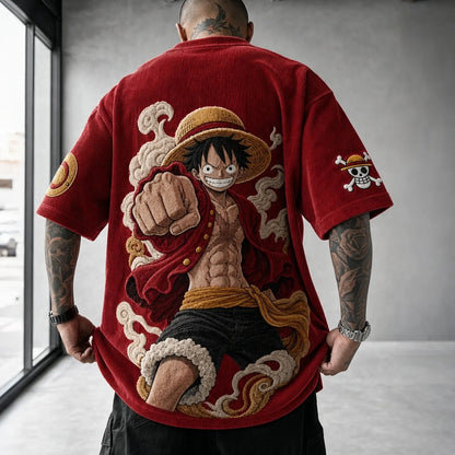 Unisex Anime-Style Retro Corduroy Oversized T-Shirt