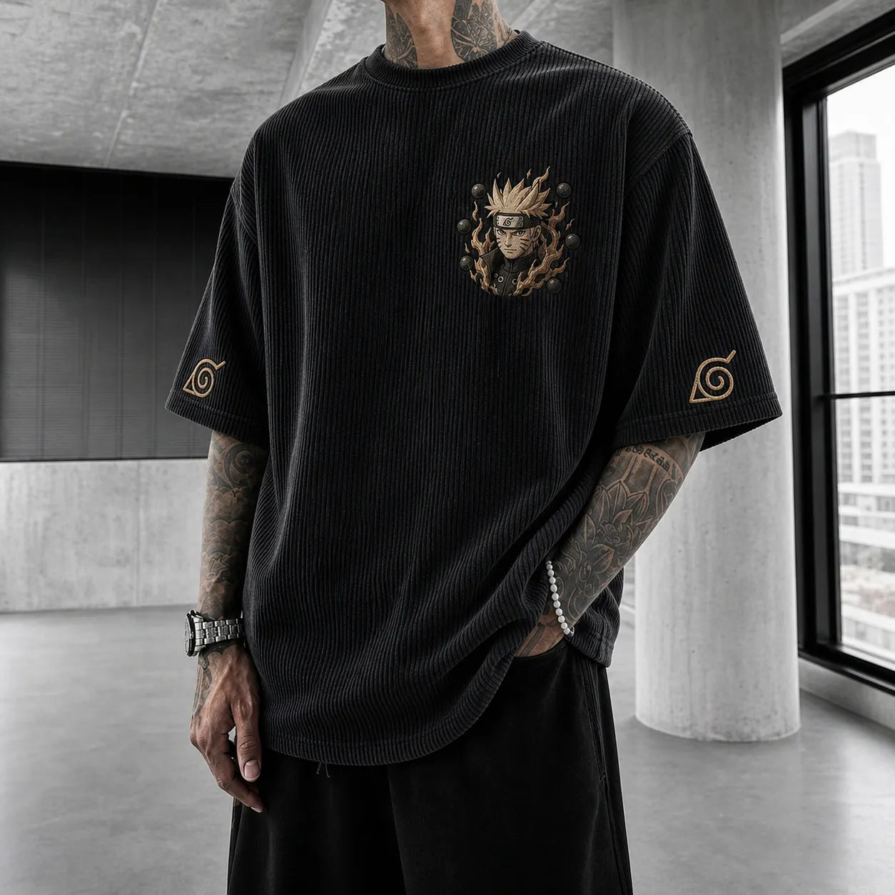 Unisex Oversized Anime-Print Vertical-Stripe Short-Sleeve T-Shirt