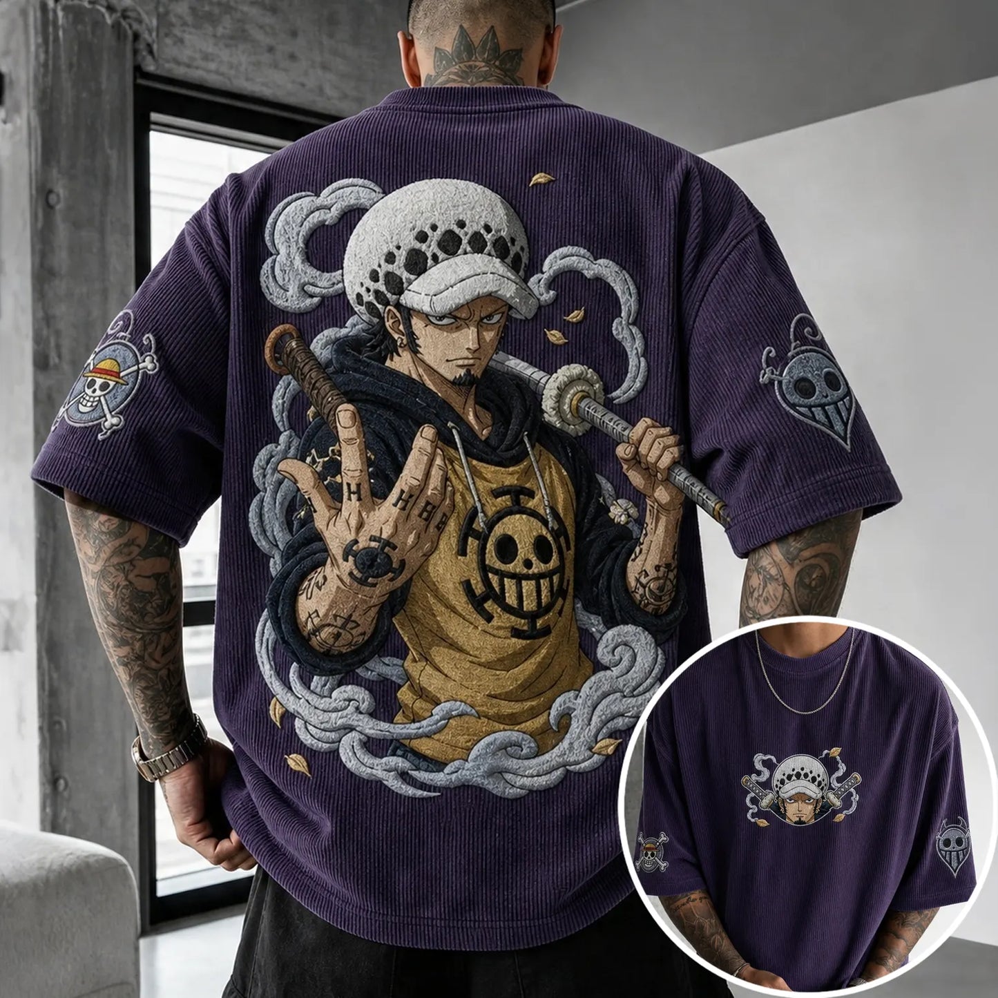 Unisex Anime-Style Retro Corduroy Oversized T-Shirt