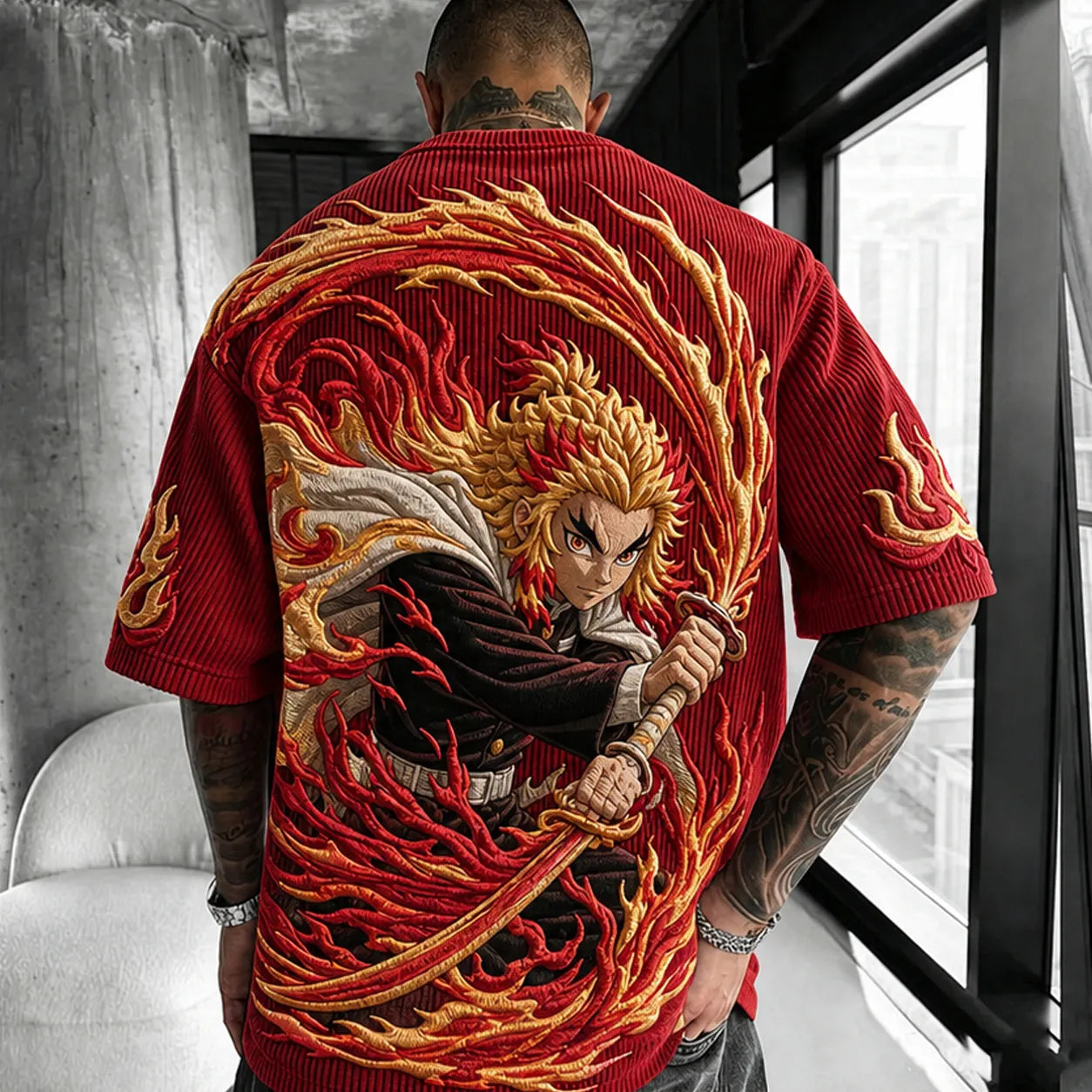 Unisex Anime-Style Retro Corduroy Oversized T-Shirt
