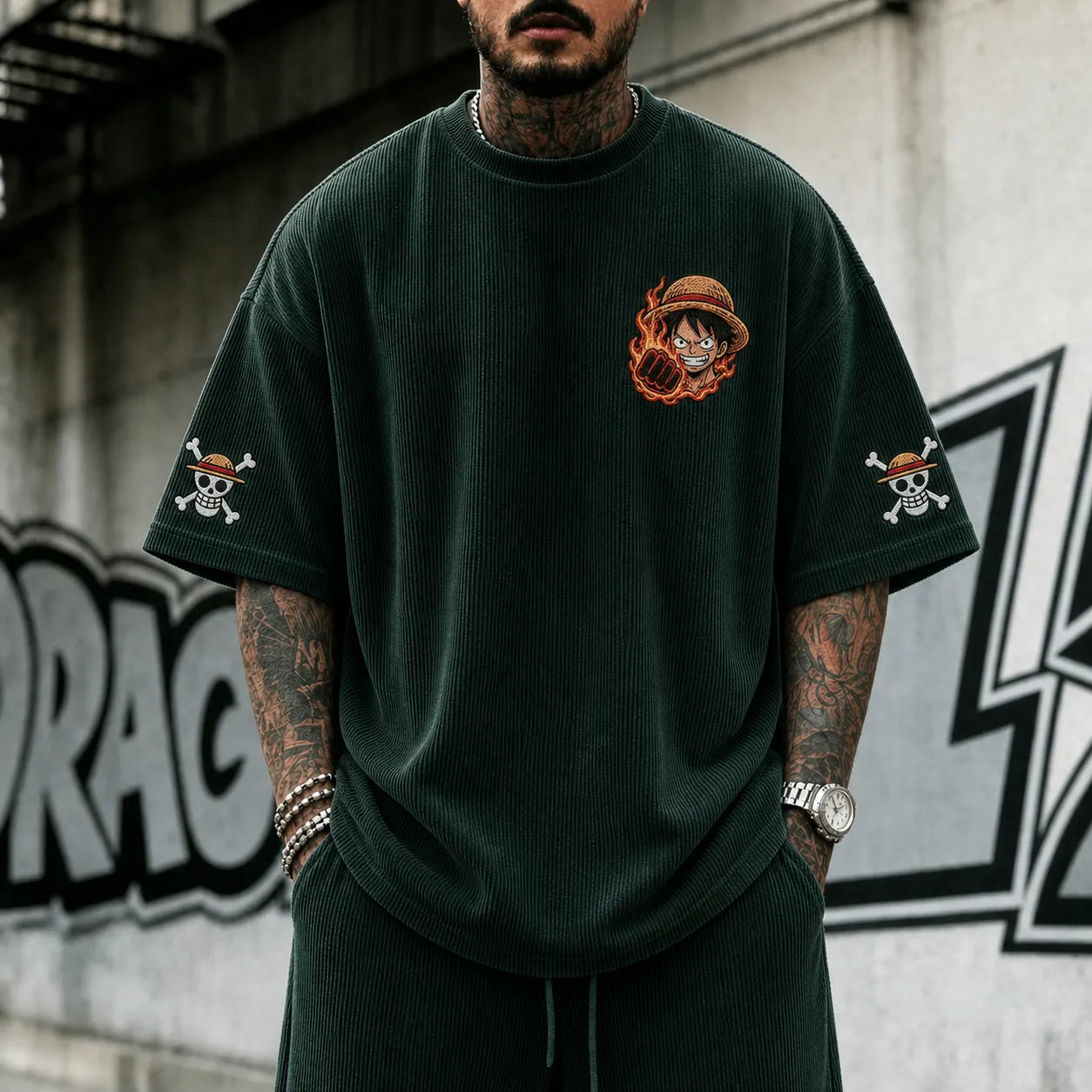 Premium Cotton-Blend Corduroy T-Shirt with Embroidered Patch – Oversized Graphic Tee for Casual Streetwear