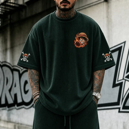 Premium Cotton-Blend Corduroy T-Shirt with Embroidered Patch – Oversized Graphic Tee for Casual Streetwear